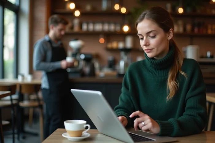 Jeune femme accédant à son espace client en ligne via une tablette dans un café moderne