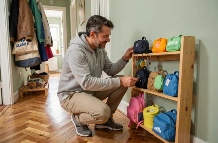 Père rangeant des accessoires pratiques et sacs à dos colorés dans un couloir familial élégant