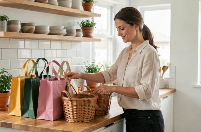 Femme organisant des sacs tendance et paniers en osier dans une cuisine moderne, accessoires du quotidien pour familles