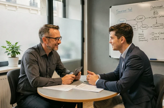 Coach en reconversion numérique accompagnant un jeune professionnel lors d'une séance de conseil personnalisée à Paris