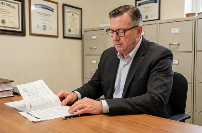 Administrateur de cimetière municipal consultant les tarifs officiels d'ouverture de tombe dans un bureau administratif
