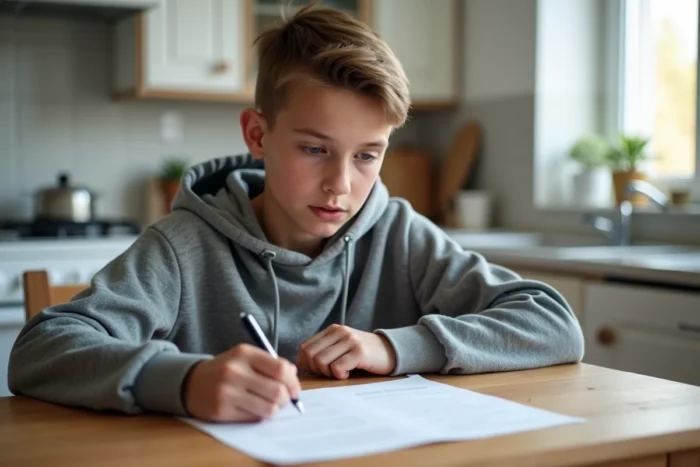 Adolescent de 16 ans lisant un contrat de travail à domicile, représentant les droits et le salaire des mineurs en restauration rapide selon la loi française