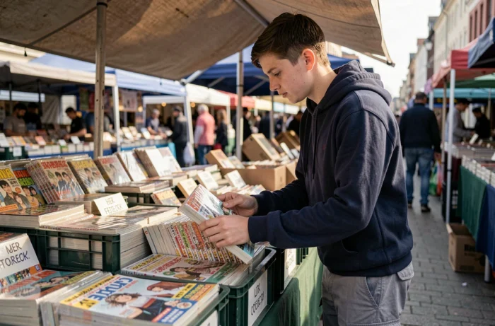 Adolescent découvrant des mangas célèbres en C dans un marché de livres en plein air