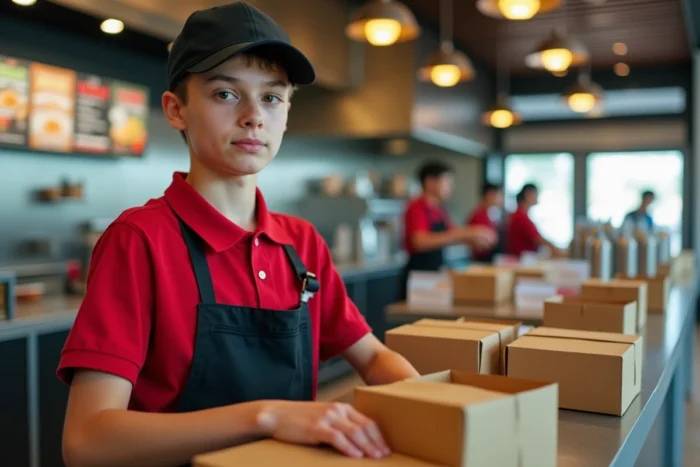 Adolescent de 16 ans en uniforme de fast-food derrière un comptoir de restaurant McDonald's, illustrant le travail des mineurs en restauration rapide