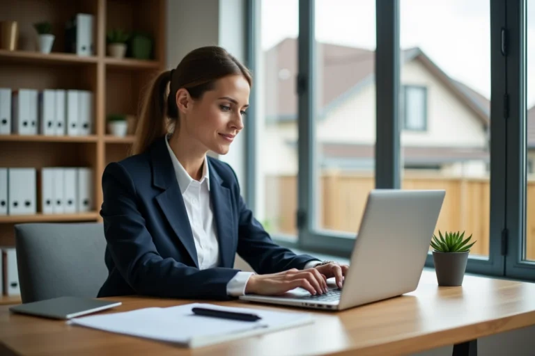 Agent immobilière professionnelle publiant une annonce de vente en ligne depuis son bureau à domicile