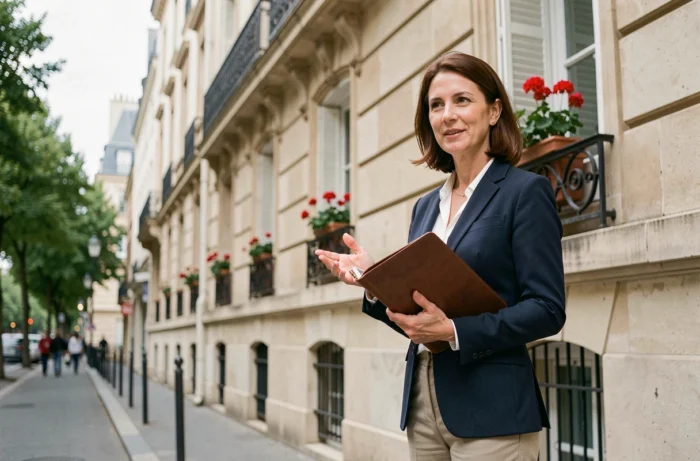 Agent immobilier française devant un immeuble haussmannien à Paris, tenant un portfolio en cuir avec une expression professionnelle