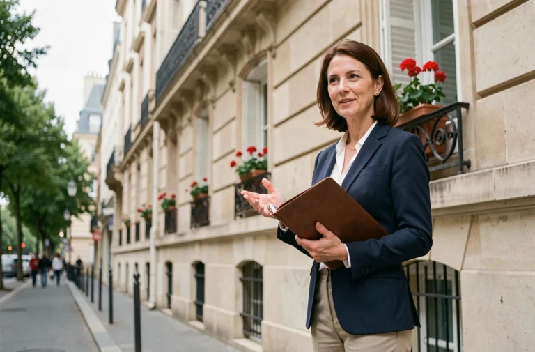 Agent immobilier française devant un immeuble haussmannien à Paris, tenant un portfolio en cuir avec une expression professionnelle