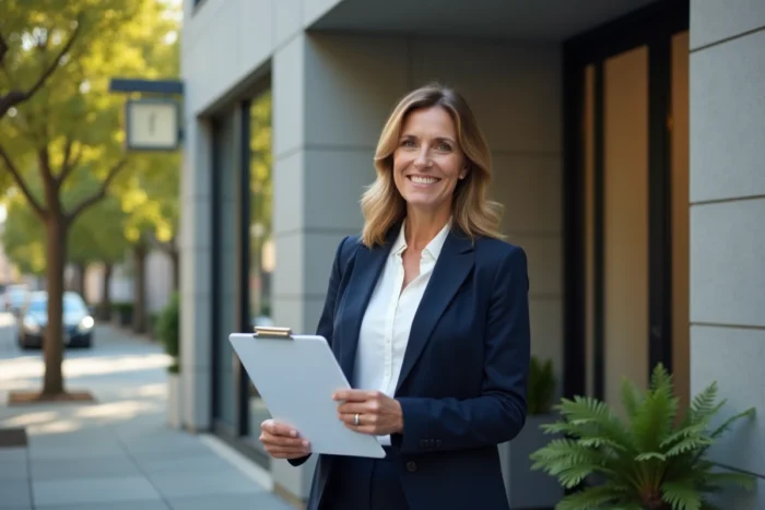 Agent immobilière professionnelle tenant des documents de location devant un immeuble moderne en ville