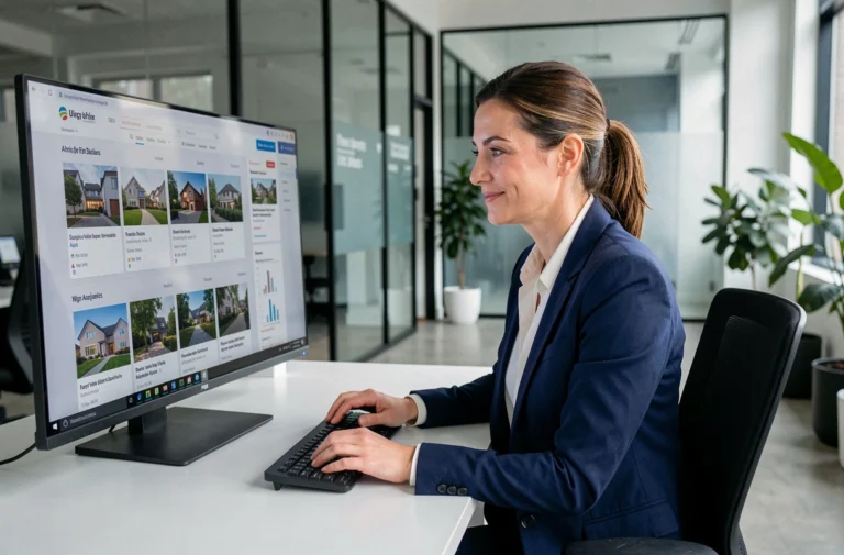 Agente immobilière analysant des annonces immobilières en ligne sur un grand écran dans une agence moderne