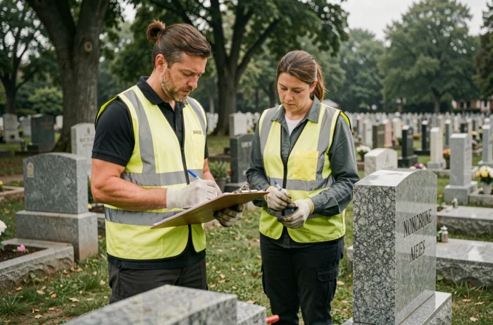 Agents funéraires examinant une tombe en granit dans un cimetière avant une procédure d'ouverture