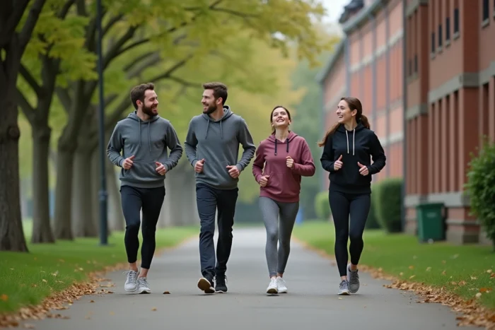 Groupe d'amis en tenue de sport prêts à courir dans les rues de Cholet