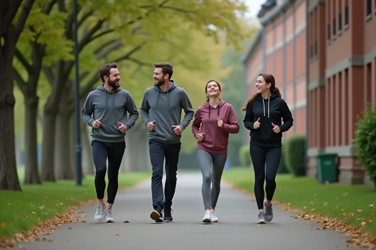 Groupe d'amis en tenue de sport prêts à courir dans les rues de Cholet