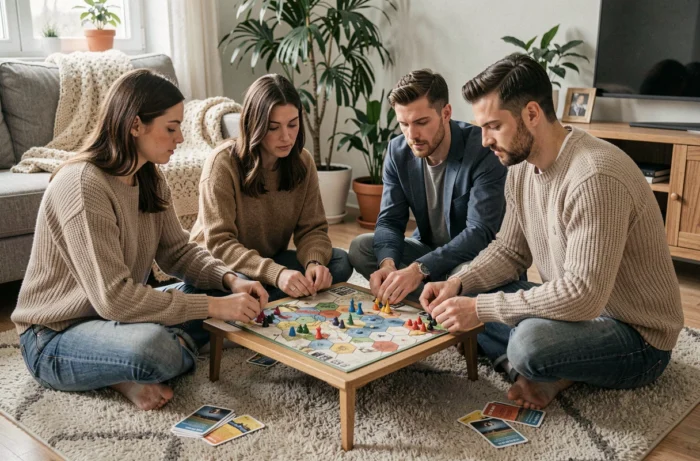 Groupe d'amis adultes concentrés sur un jeu de stratégie posé sur une table basse dans un salon chaleureux