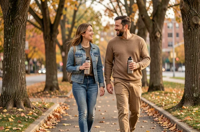 Deux amis marchant dans un parc en automne avec des bouteilles d'eau pour adopter de saines habitudes de vie