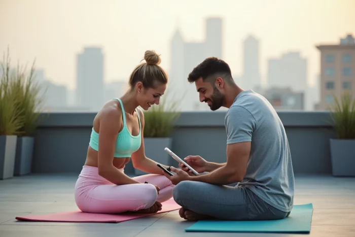 Deux amis consultant un plan d'entraînement sur tablette assis sur des tapis de yoga en terrasse urbaine