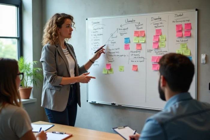 Femme animant une réunion de planification d'événements devant un tableau blanc dans un espace de coworking