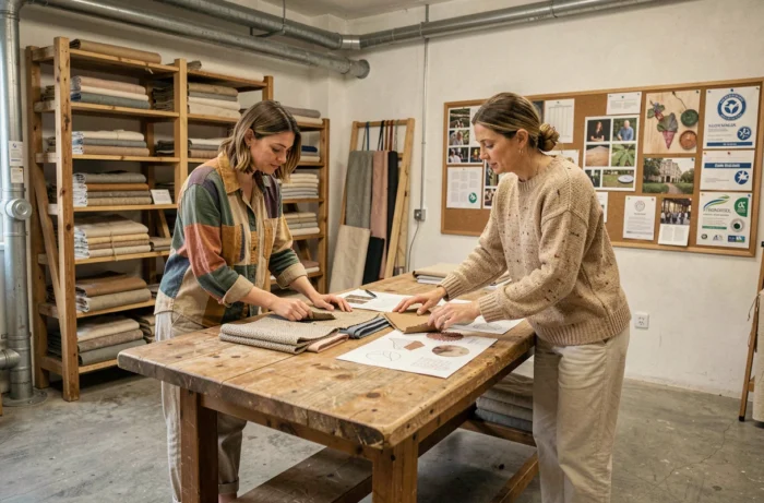 Deux femmes collaborant sur des créations en matières recyclées dans un atelier de mode upcycling avec moodboards et tissus naturels