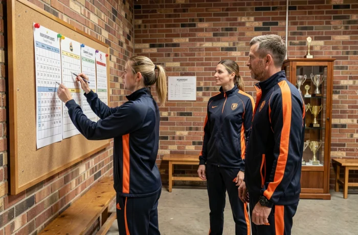 Groupe d'athlètes consultant un planning sportif dans un centre communautaire d'Essex avec des trophées en arrière-plan