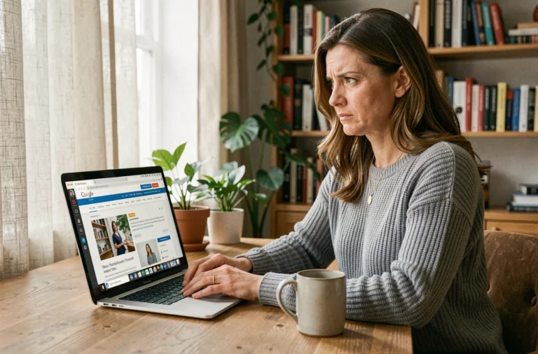 Femme consultant des avis en ligne sur un site de remboursement depuis son bureau à domicile