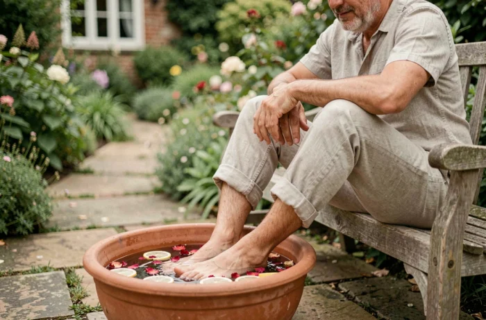 Homme se relaxant pieds dans un bain de pétales de rose et de citron dans un bassin en terre cuite au jardin, soin naturel des pieds