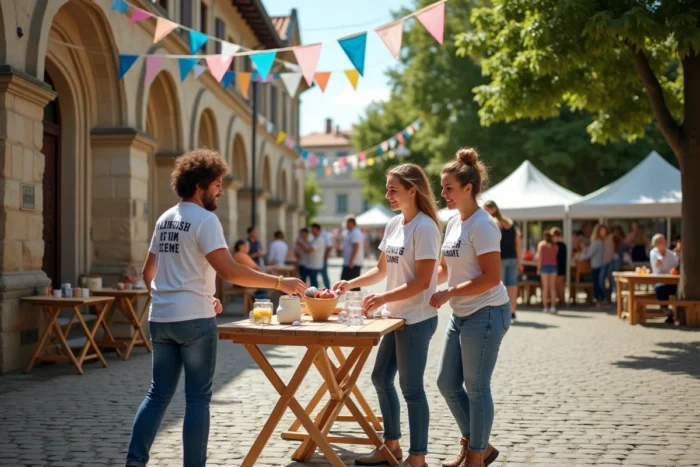 Bénévoles préparant les décorations d'une fête communautaire en plein air sur une place de village pavée