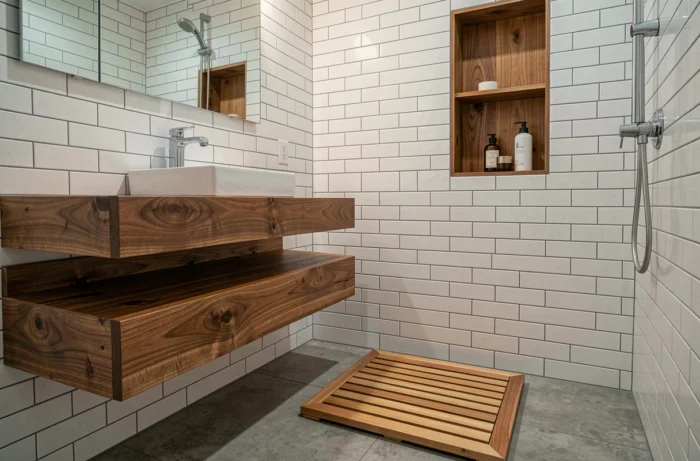 Salle de bains avec éléments en bois brut intégrés : tablette en noyer, caillebotis en teck et niche en bois dans la douche carrelée