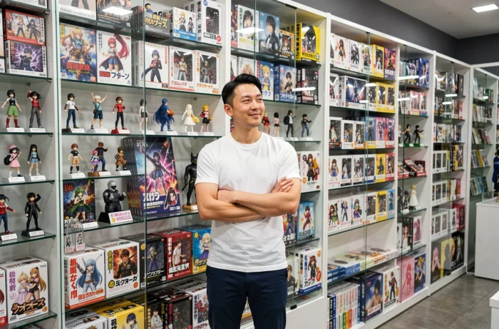 Homme admirant un mur de figurines et d'affiches d'animes dans une boutique spécialisée, illustrant la diversité des œuvres animées commençant par C