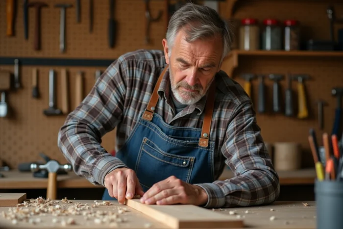 Bricoleur expérimenté mesurant une planche en bois dans un atelier de bricolage bien équipé avec des outils accrochés au mur