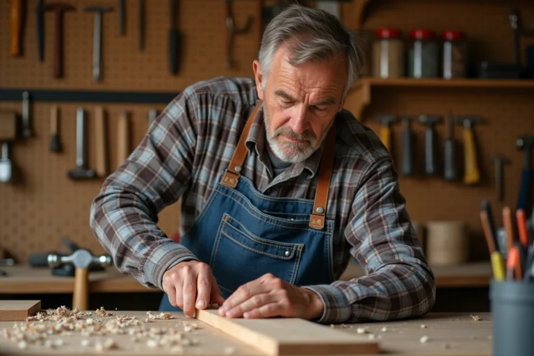 Bricoleur expérimenté mesurant une planche en bois dans un atelier de bricolage bien équipé avec des outils accrochés au mur