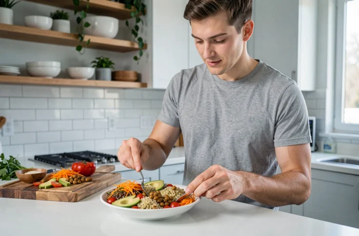 Jeune homme préparant un Buddha bowl coloré et équilibré dans une cuisine moderne