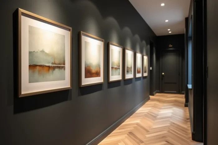Cinq cadres dorés identiques alignés horizontalement dans un couloir avec mur anthracite et parquet en chevrons