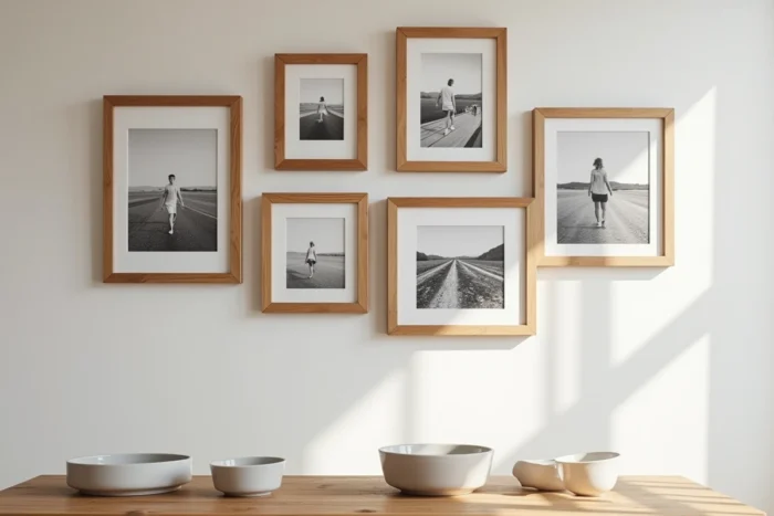 Cinq cadres en bois de chêne identiques en cluster asymétrique dans une salle à manger avec photos en noir et blanc