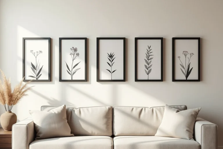 Cinq cadres identiques noirs disposés en croix symétrique sur un mur blanc cassé dans un salon scandinave