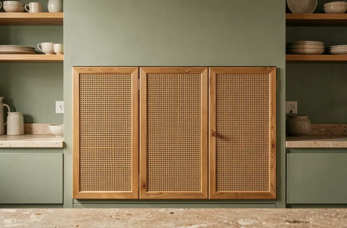 Façade de meubles de cuisine avec cannage en rotin tissé sur des cadres en bois peint vert sauge, détail artisanal en gros plan