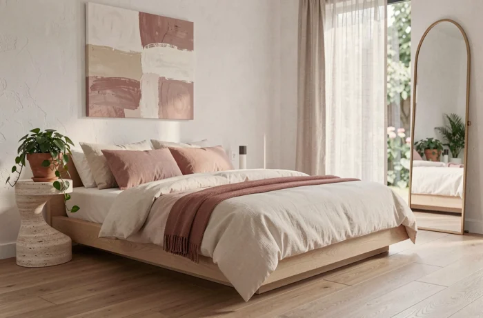 Chambre contemporaine épurée avec lit plateforme en coton bio, table de chevet en travertin, plante suspendue et miroir arqué en laiton brossé