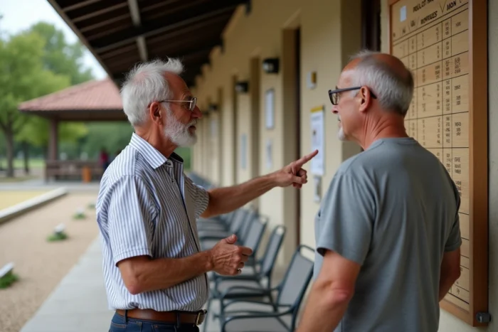 Deux joueurs de pétanque consultant le classement des points de licence affiché dans un club FFPJP