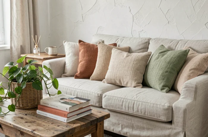 Coin salon cosy avec canapé en lin, coussins texturés en tons neutres, table basse en bois recyclé et plante verte dans un panier tressé