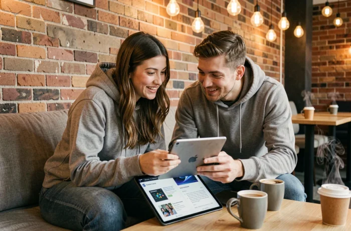 Deux jeunes adultes collaborant sur des tendances technologiques et astuces informatiques dans un café co-working urbain