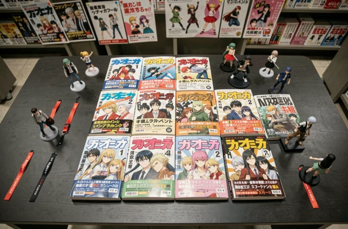 Collection de mangas célèbres en C disposés sur une table dans une boutique spécialisée