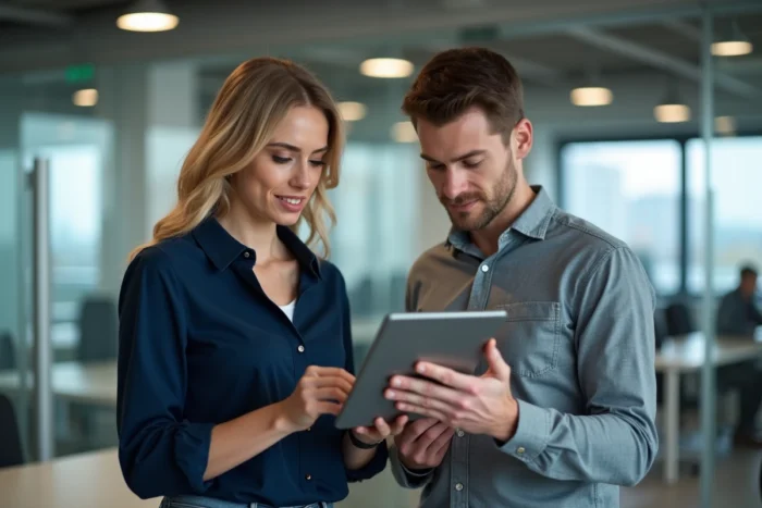 Deux collègues consultant des annonces en ligne sur une tablette dans un bureau moderne en open space