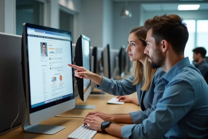 Deux collègues vérifiant ensemble les avis clients et les indicateurs de fiabilité d'une offre en ligne au bureau