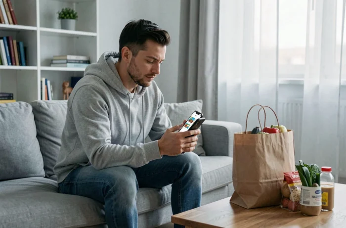 Homme utilisant une application mobile pour commander en ligne sur Auchan depuis son salon