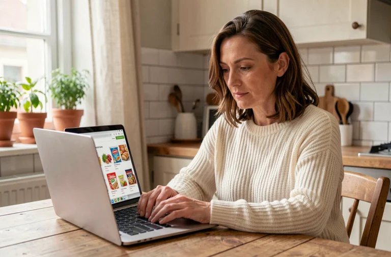 Femme passant une commande Auchan en ligne sur son ordinateur portable dans une cuisine moderne