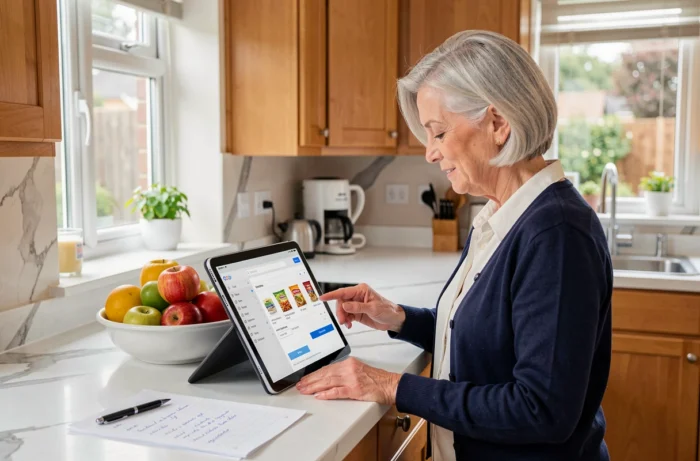 Femme senior vérifiant sa commande Auchan en ligne sur une tablette dans sa cuisine