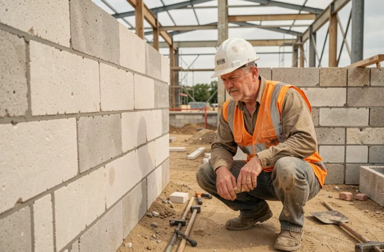 Ouvrier comparant des blocs en polystyrène expansé et des parpaings en béton sur un chantier de construction de maison