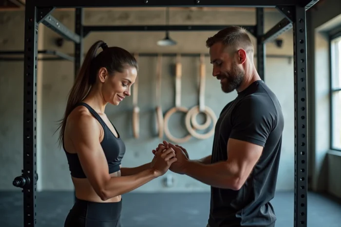 Deux sportifs comparant la prise pronation et supination sur une barre de traction dans un box CrossFit