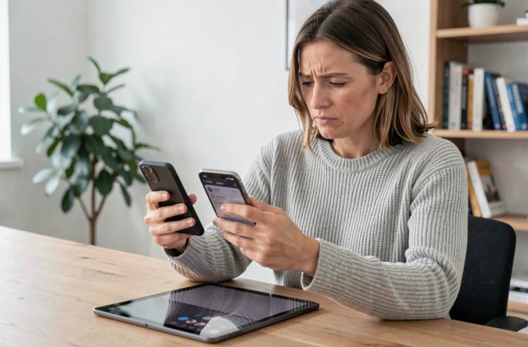 Femme comparant deux applications de services de déménagement sur smartphone et tablette dans un bureau à domicile moderne