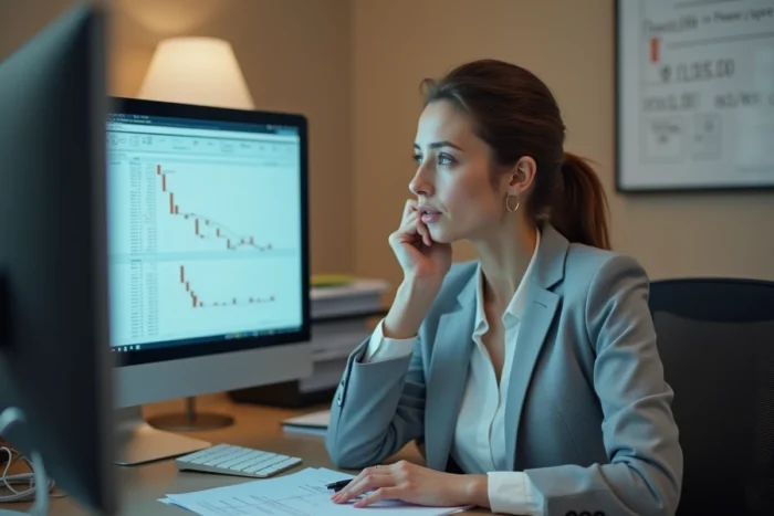 Comptable d'entreprise analysant un trop-perçu d'indemnités de prévoyance sur un tableau de bord financier