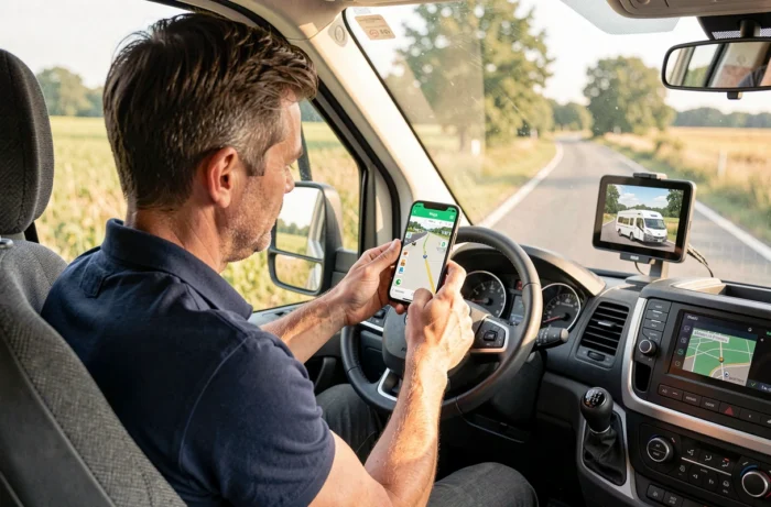 Conducteur paramétrant Waze sur smartphone monté dans un camping-car pour un itinéraire caravane en France