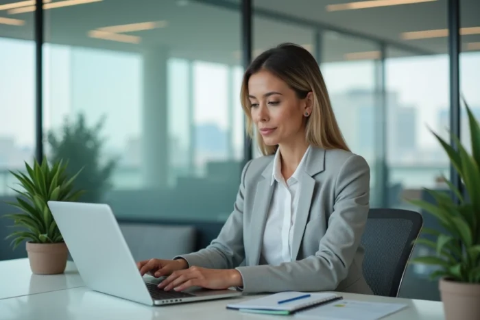 Femme professionnelle connectée à un espace client en ligne sur son ordinateur portable au bureau